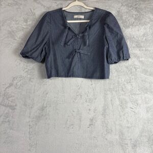 LOFT Navy Blue Pinstripe Bow Tie Front Puff Sleeve Crop Top Womens XL